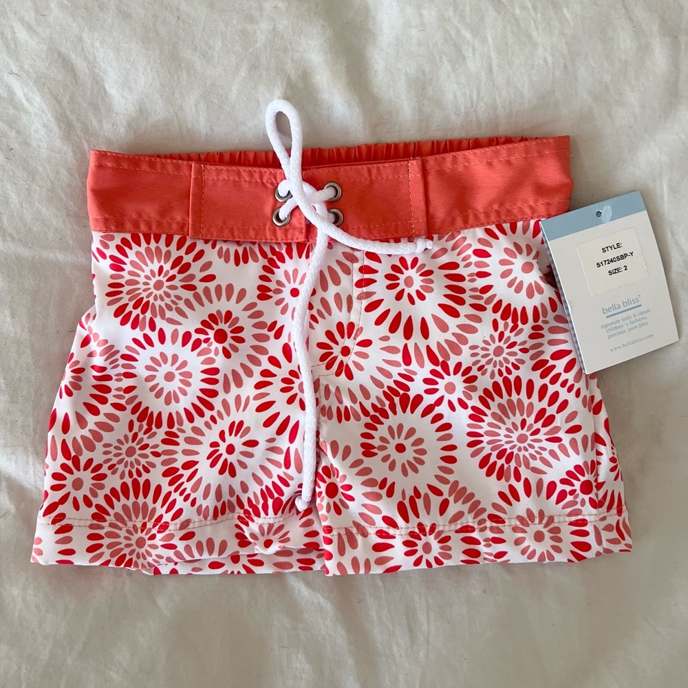 Bella Bliss brand new board shorts swim trunks in coral and white print